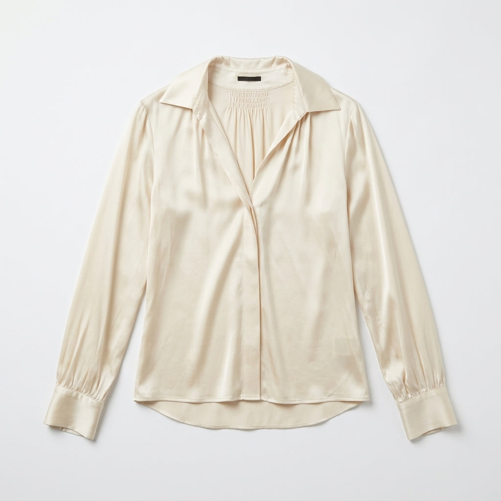 Theory Ivory Silk V-Neck Gathered Long Sleeve Blouse Size S