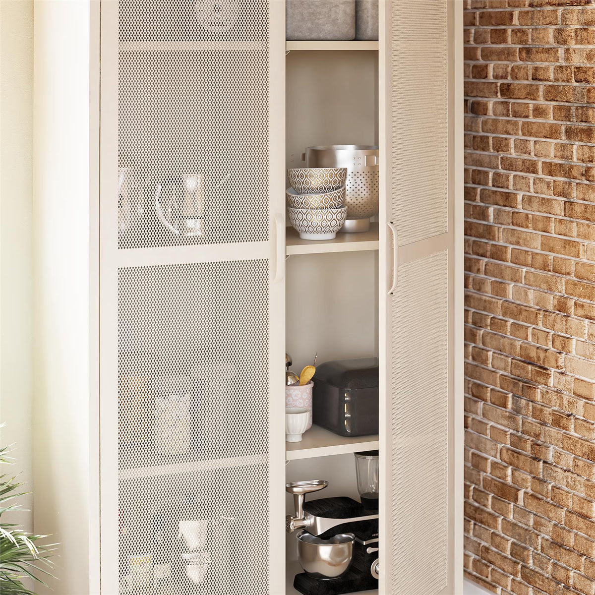 Novogratz Channing Tall 2-Door Storage Cabinet-Mesh Metal Locker, Parchment