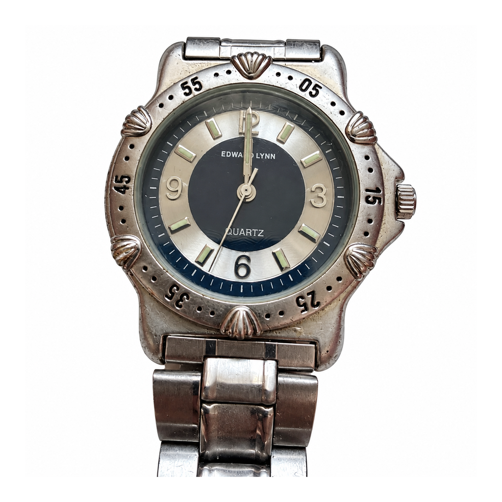 Vintage Edward Lynn Black and Silver Dial Shell Bezel Watch - Requires a Battery