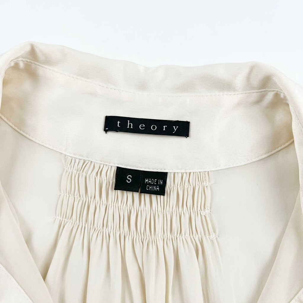 Theory Ivory Silk V-Neck Gathered Long Sleeve Blouse Size S