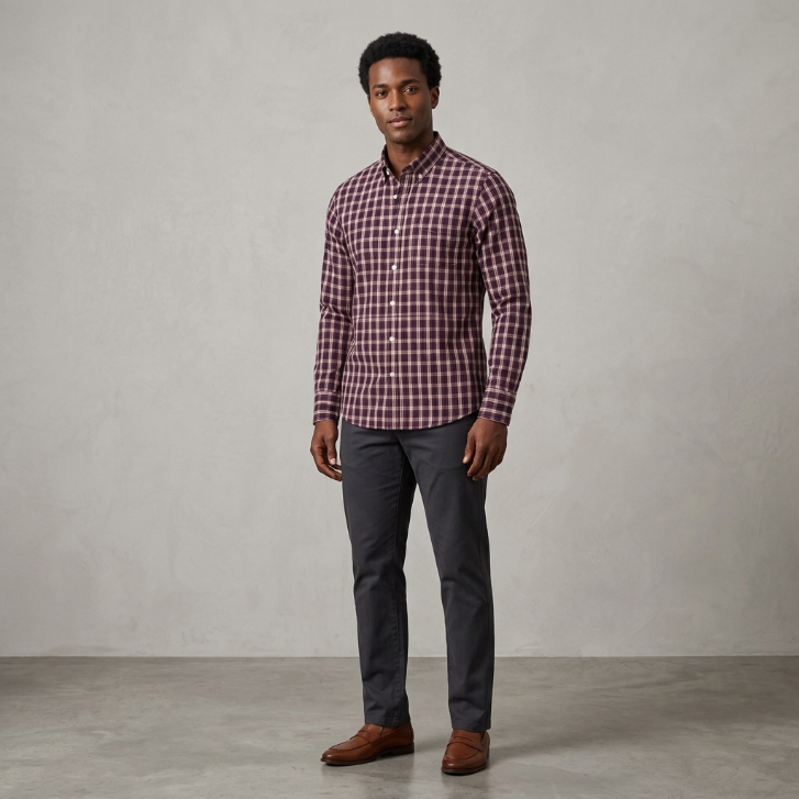 Five Four Plaid Check Long Sleeve Button Down Shirt - Burgundy / Navy / Large
