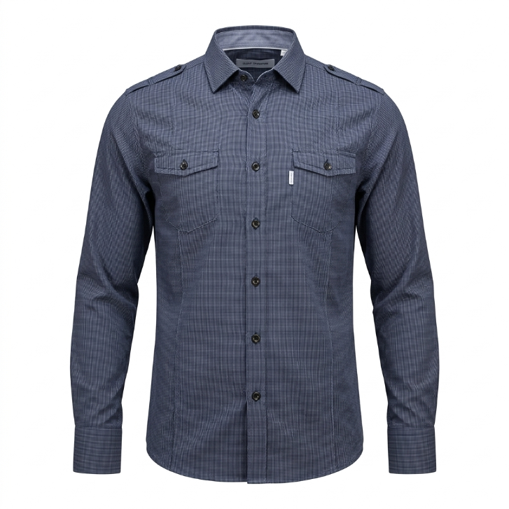 Five Four Micro Check Dual Pocket Long Sleeve Shirt - Navy Blue / White / Size Medium