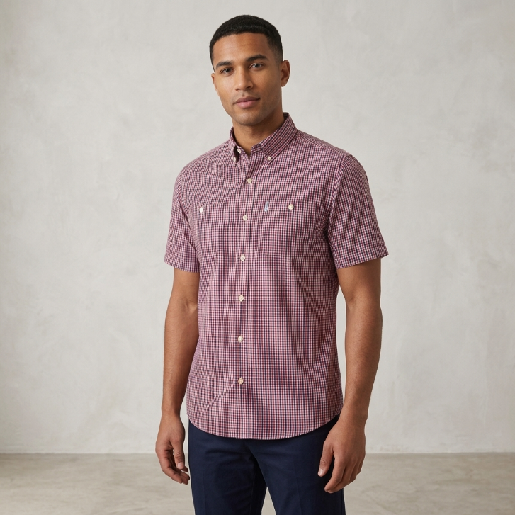 Five Four Red White & Blue Gingham Plaid Short Sleeve Shirt - Red / Blue / White / Size Large