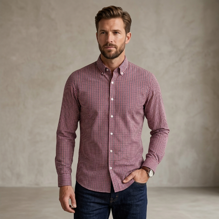 Five Four Micro Gingham Check Long Sleeve Shirt - Red / Navy / White / Size Large