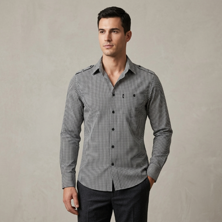 Five Four Black & White Micro Gingham Check Long Sleeve Shirt - Black / White / Size Medium