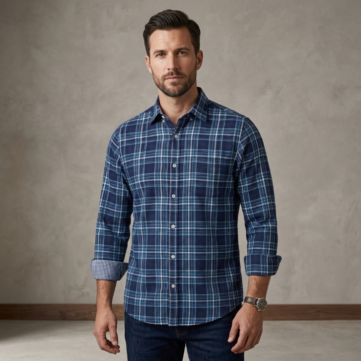 Five Four Blue Brown & White Plaid Long Sleeve Shirt - Blue / Brown / Size Large