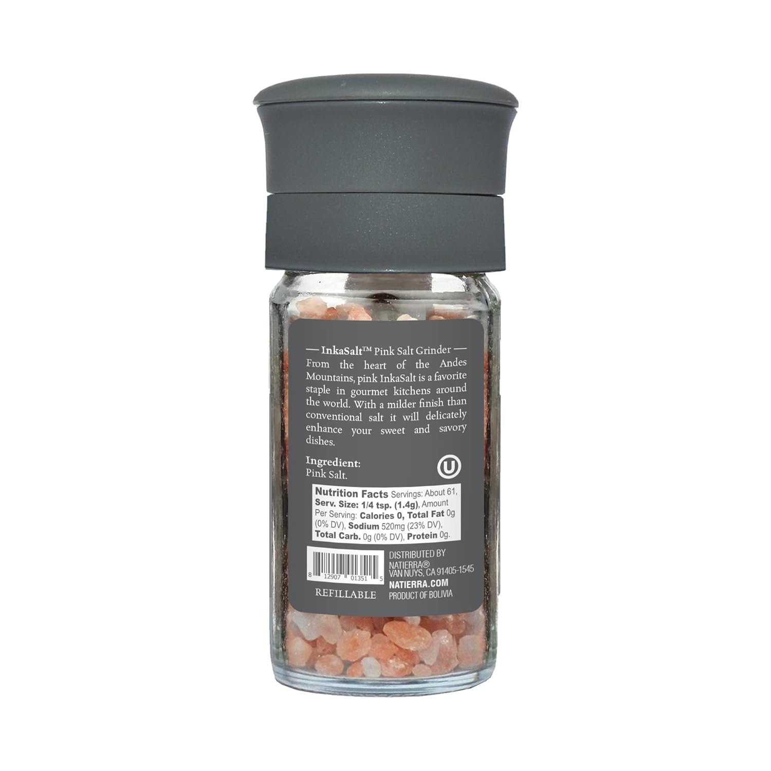 Natierra Himalania® Coarse InkaSalt Pink Salt Glass Grinder – 3 oz (85g)