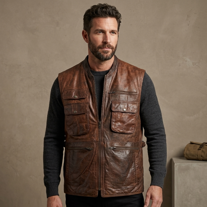 Vintage Banana Republic Mill Valley Leather Safari Vest Brown