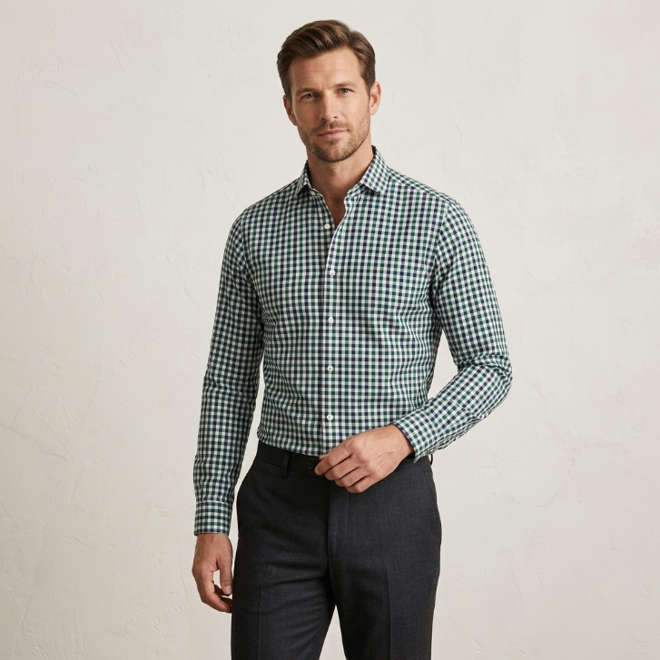 Five Four Sweetzer Gingham Check Long Sleeve Shirt - Green / Navy / White / Size Medium