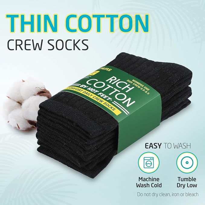 HOT FEET Thin Crew Summer Socks for Women - 5 Pack, Breathable Moisture Wicking, Lightweight Ribbed Cotton Socks Size 5.5-9.5