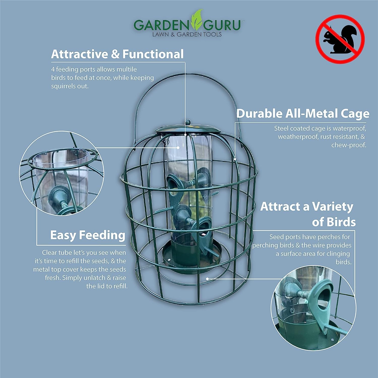 Garden Guru Squirrel Proof Bird Feeder – Weather Resistant Hanging Feeder for Outdoor Birds