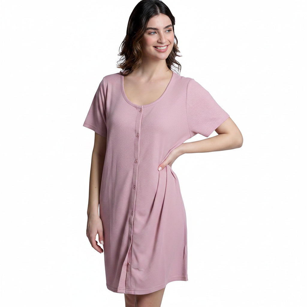 Mad Dog Women's Night Shirts - Soft Waffle Knit Womens Sleep Shirts, Short Sleeves Button-Up Pajamas Nightgowns Sleep Dress