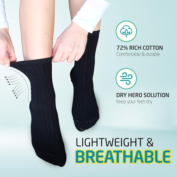 HOT FEET Thin Crew Summer Socks for Women - 5 Pack, Breathable Moisture Wicking, Lightweight Ribbed Cotton Socks Size 5.5-9.5
