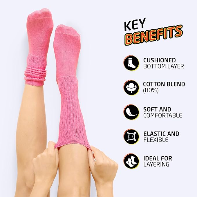 HOT FEET Girls Slouch Socks - 6 PK Tall Stacked Slouchy Socks, Warm Cotton Blend Long Calf Socks for Kids