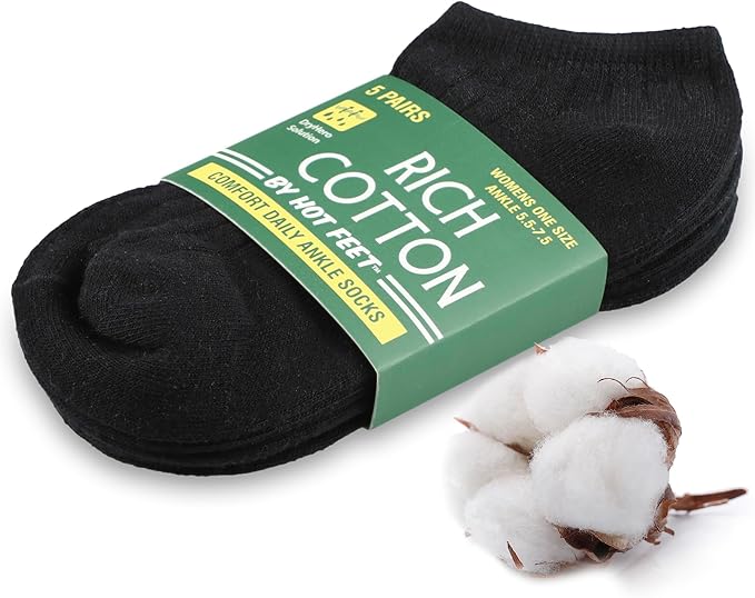 HOT FEET Thin Women's No Show Summer Socks - 5 Pack Cotton Ankle, Low Cut Lightweight Moisture Wicking Footies, Size 5.5-7.5