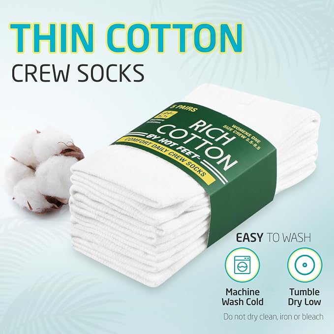 HOT FEET Thin Crew Summer Socks for Women - 5 Pack, Breathable Moisture Wicking, Lightweight Ribbed Cotton Socks Size 5.5-9.5