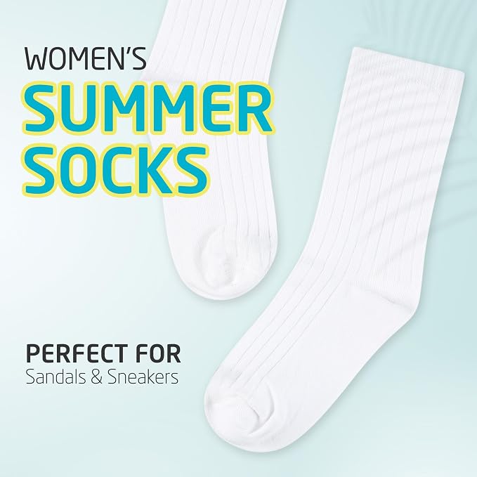 HOT FEET Thin Crew Summer Socks for Women - 5 Pack, Breathable Moisture Wicking, Lightweight Ribbed Cotton Socks Size 5.5-9.5