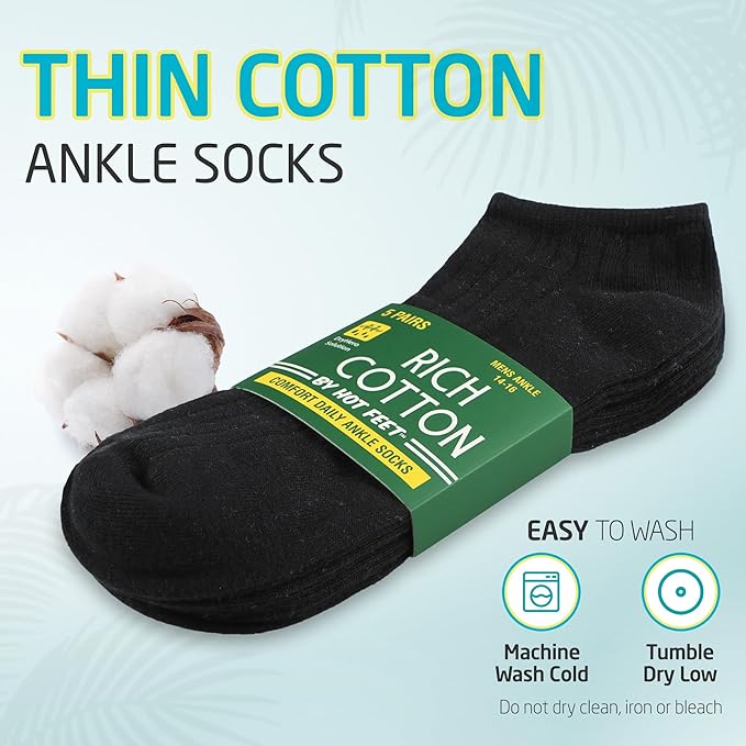 HOT FEET Men Thin Cotton No Show Summer Socks - 5 Pack Low Cut Moisture Wicking Lightweight Socks, Light Ankle Footie