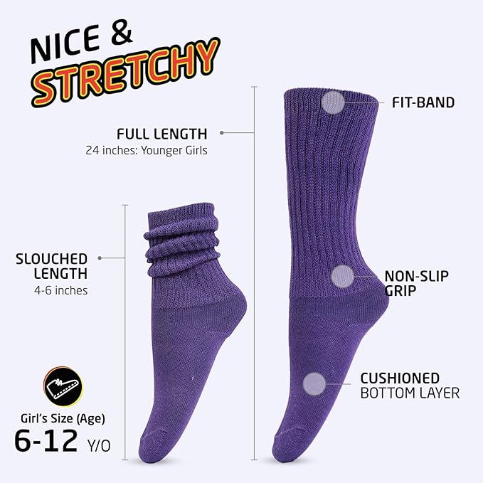 HOT FEET Girls Slouch Socks - 6 PK Tall Stacked Slouchy Socks, Warm Cotton Blend Long Calf Socks for Kids