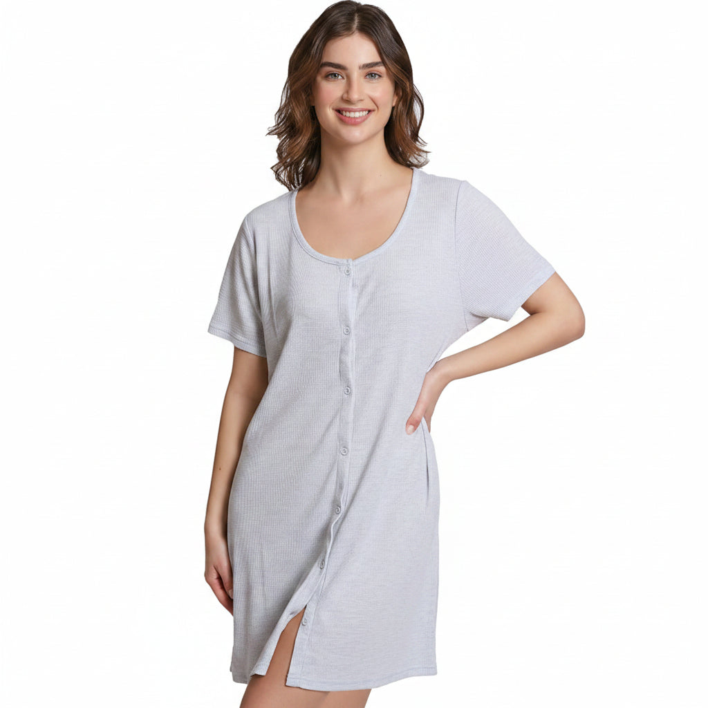 Mad Dog Women's Night Shirts - Soft Waffle Knit Womens Sleep Shirts, Short Sleeves Button-Up Pajamas Nightgowns Sleep Dress