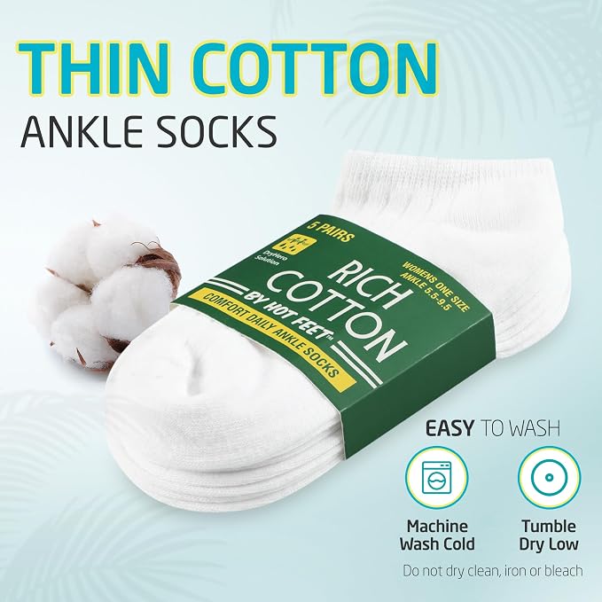 HOT FEET Thin Women's No Show Summer Socks - 5 Pack Cotton Ankle, Low Cut Lightweight Moisture Wicking Footies, Size 5.5-7.5