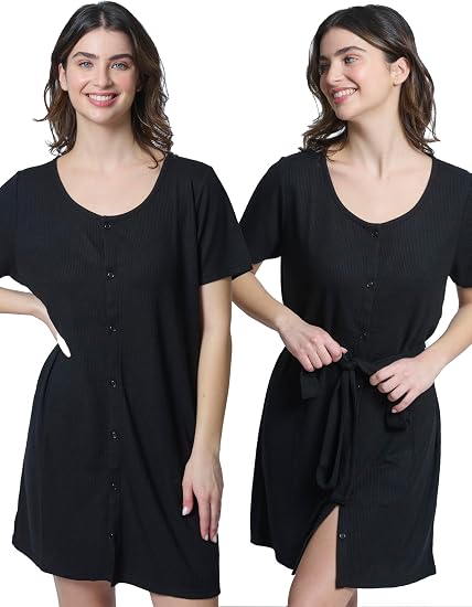 Mad Dog Women's Night Shirts - Soft Waffle Knit Womens Sleep Shirts, Short Sleeves Button-Up Pajamas Nightgowns Sleep Dress