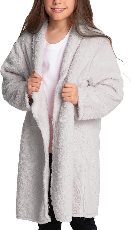 Mad Dog Sherpa Fleece Cardigans for Girls 5-12 Y, Cozy Kids Winter Fall Sweater Coats, Long Jacket for Home & Outdoor Wear