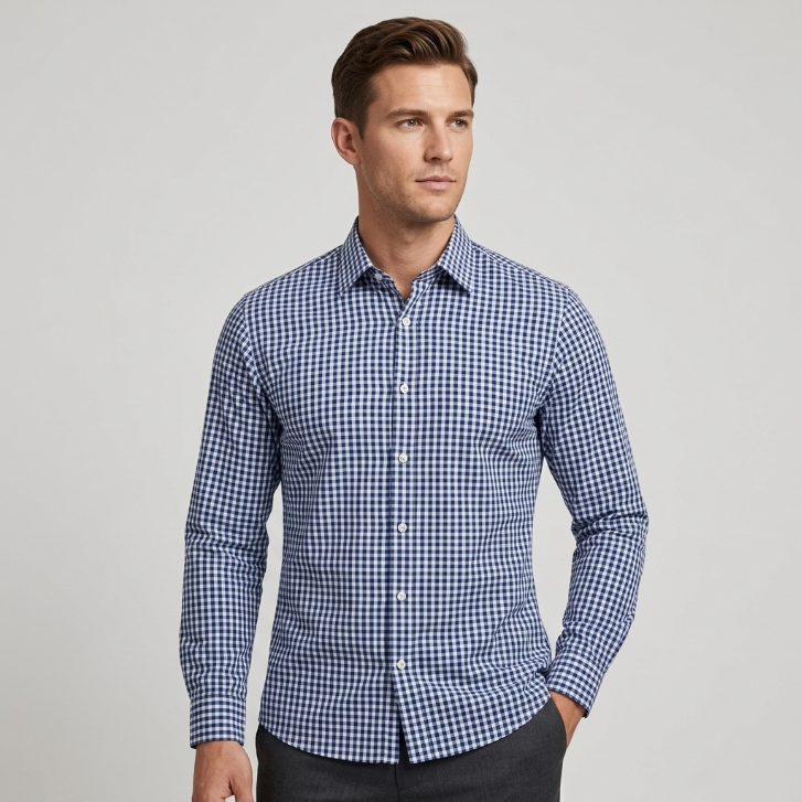 Five Four Blue & White Gingham Check Long Sleeve Shirt - Blue / White / Size Large