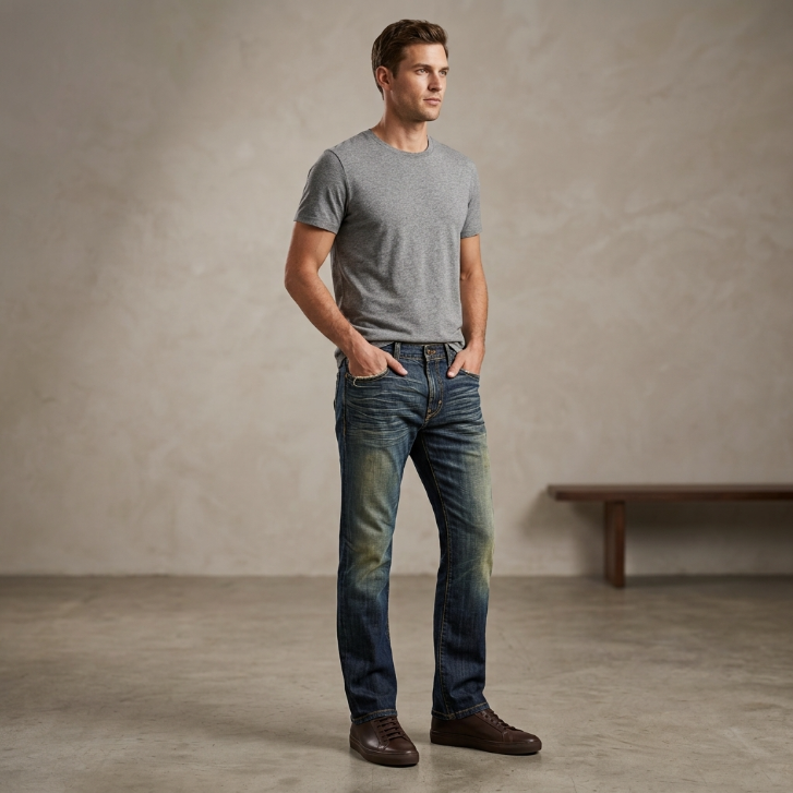 Five Four Faded Medium Wash Whiskered Straight Leg Jeans