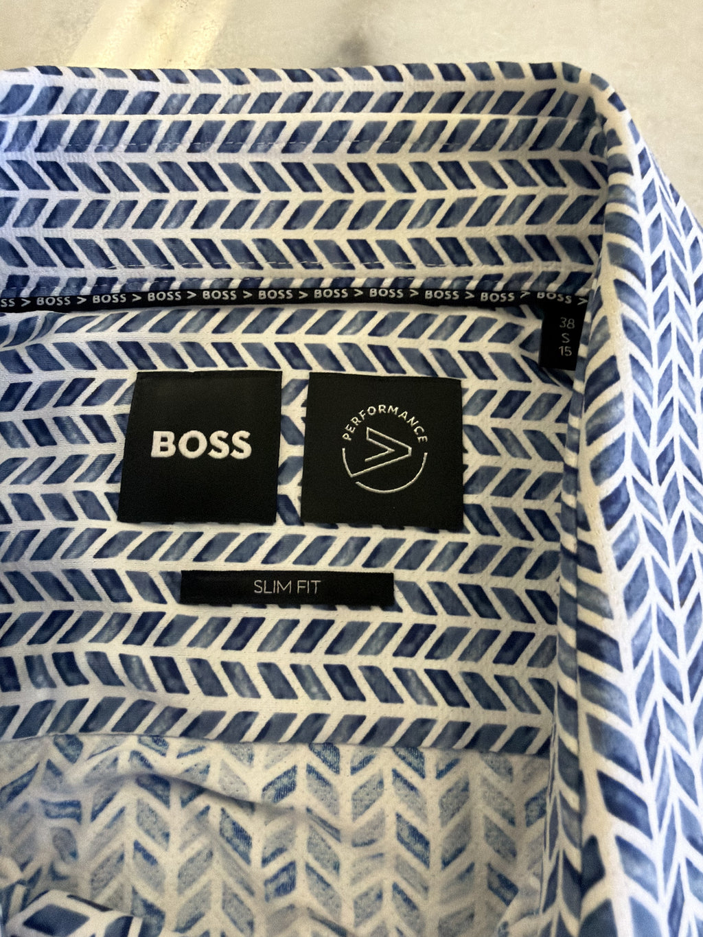 BOSS Performance Slim Fit Dress Shirt - Blue White Geometric Print