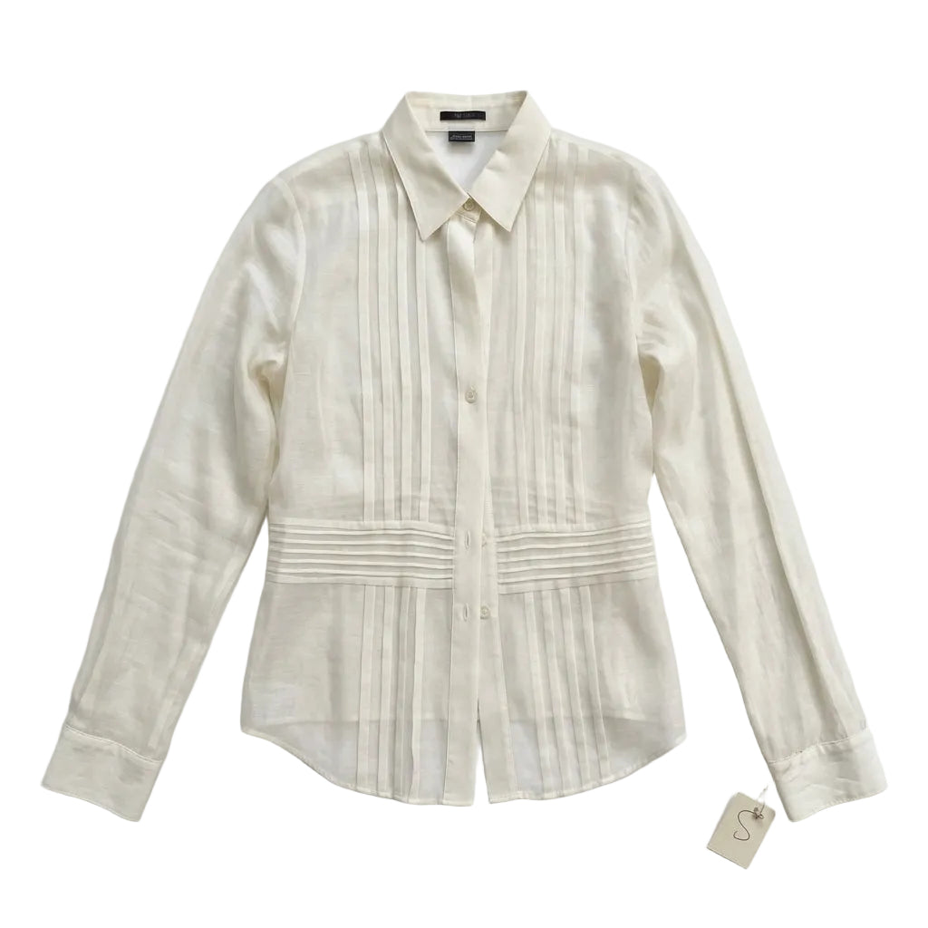 Theory White Sheer Pin-Tuck Pleated Long Sleeve Shirt Size S