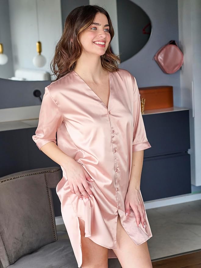 Mad Dog Satin Night Shirts for Women - Silk Like Nightshirt Pajama - Sexy Sleep Shirts, Button Down Sleepwear Nightgowns