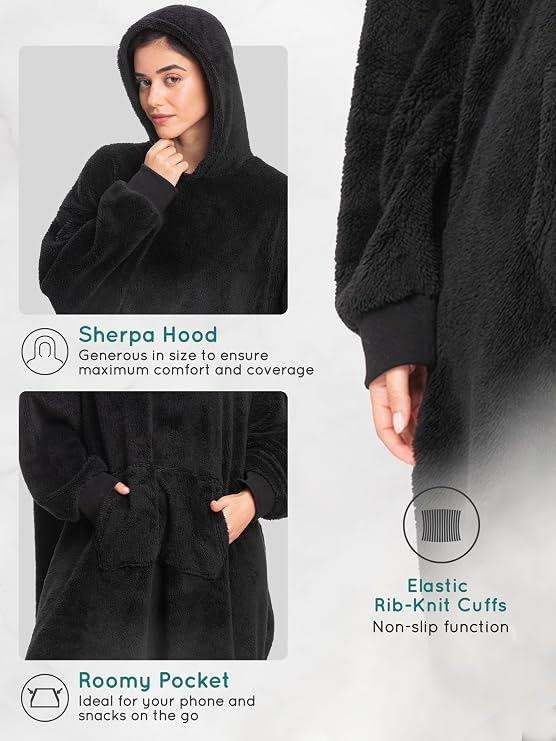 Mad Dog Sherpa Fleece Wearable Blanket Hoodie for Adult Women with Long Sleeves, Cozy Hooded Poncho Jacket