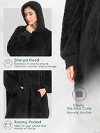 Mad Dog Sherpa Fleece Wearable Blanket Hoodie for Adult Women with Long Sleeves, Cozy Hooded Poncho Jacket
