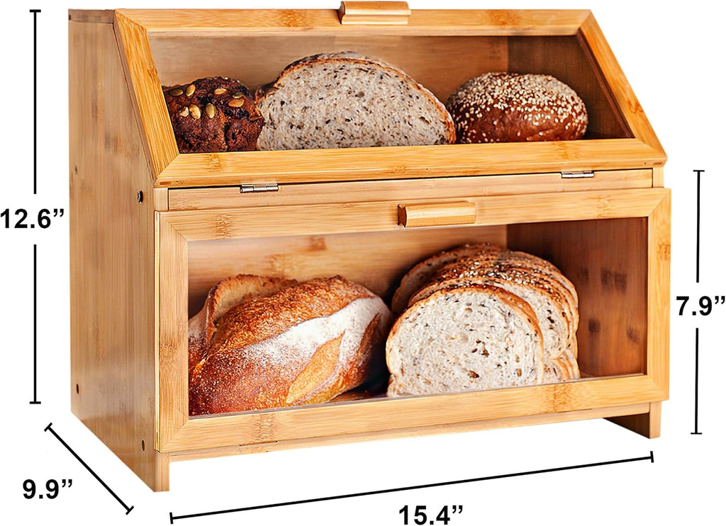 Laura's Green Kitchen Large Bamboo Bread Box – Double Layer, Self-Assembly