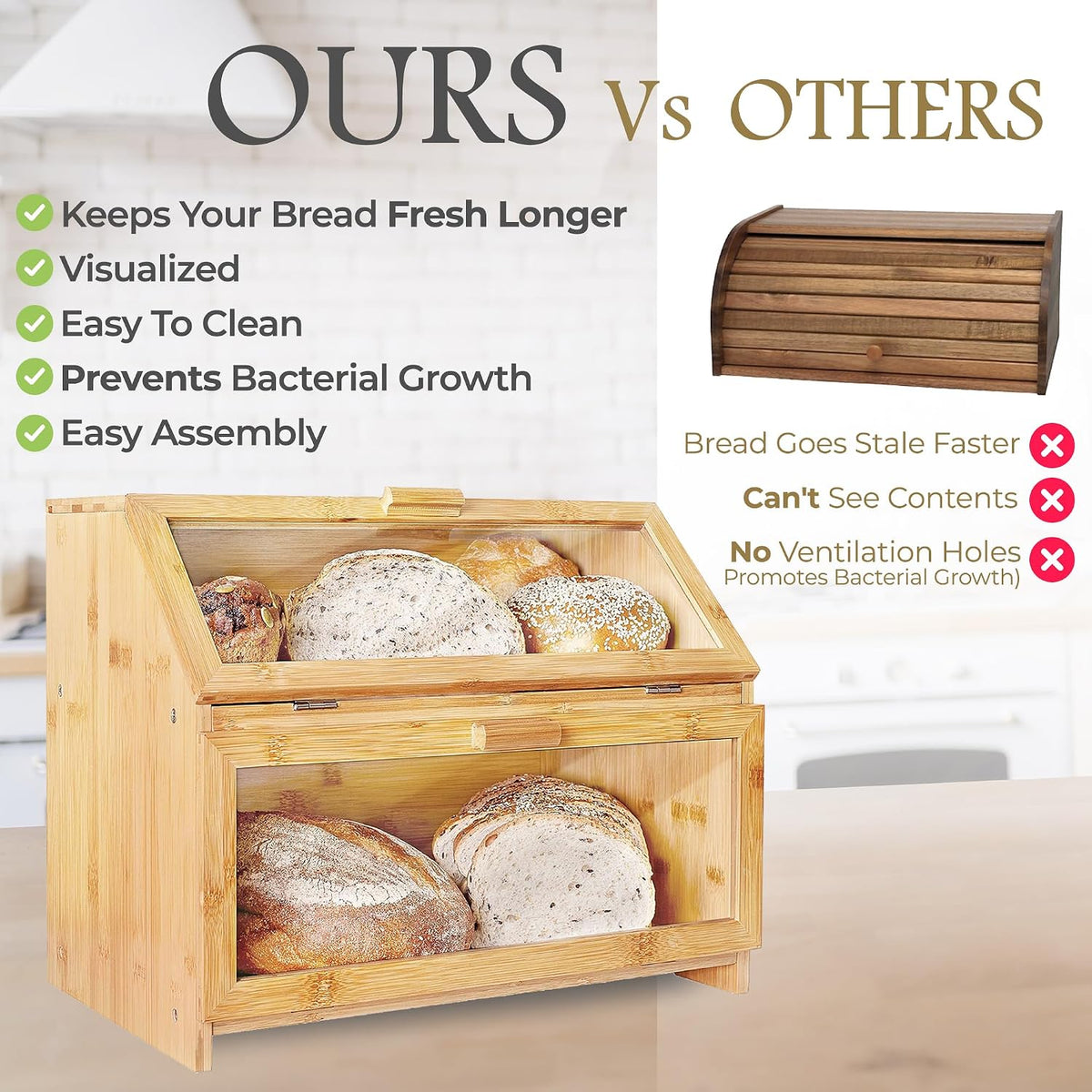Laura's Green Kitchen Large Bamboo Bread Box – Double Layer, Self-Assembly