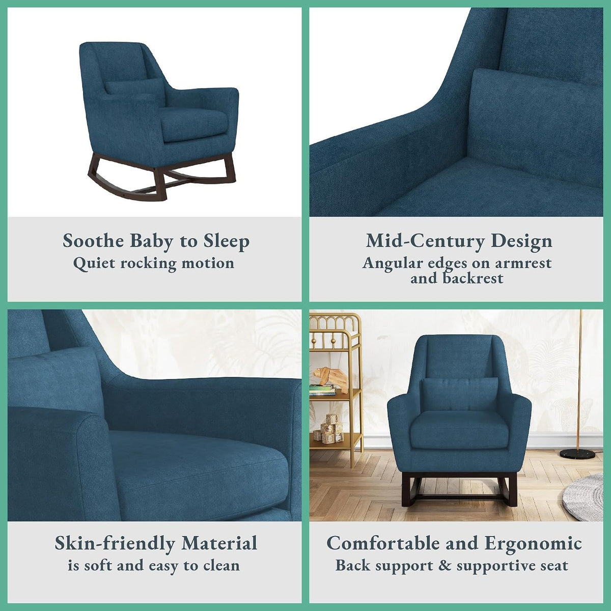 Little Seeds Sophie Mid-Century Rocker, Navy Blue Linen
