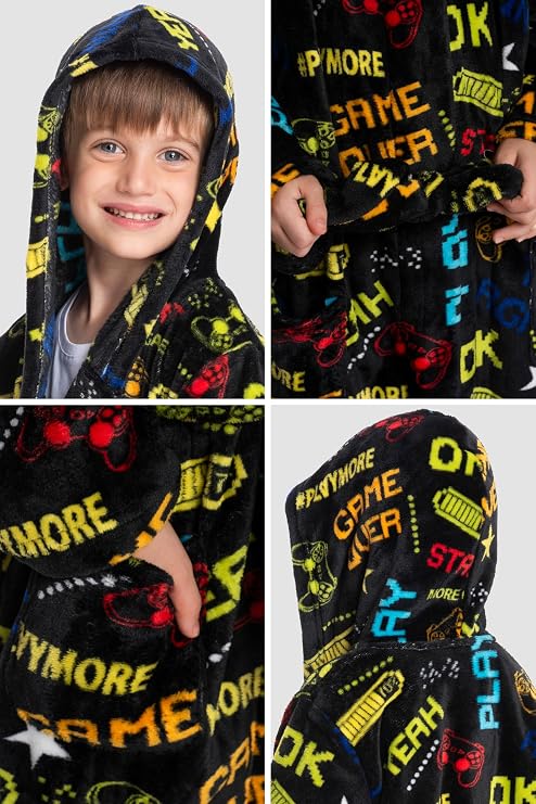 Mad Dog Fleece Kids Robe, Hooded Long Bathrobe, Plush Boys Girls Children & Toddlers Bath robes for Indoor Activities
