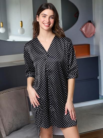 Mad Dog Satin Night Shirts for Women - Silk Like Nightshirt Pajama - Sexy Sleep Shirts, Button Down Sleepwear Nightgowns
