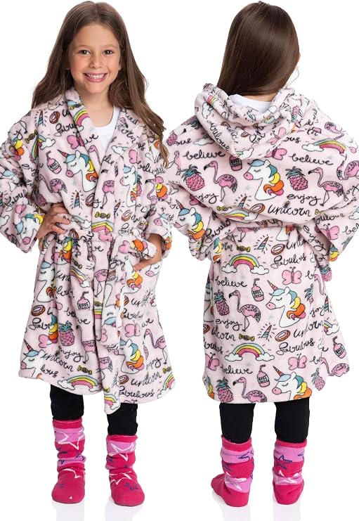 Mad Dog Fleece Kids Robe, Hooded Long Bathrobe, Plush Boys Girls Children & Toddlers Bath robes for Indoor Activities
