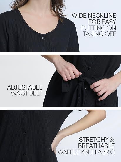 Mad Dog Women's Night Shirts - Soft Waffle Knit Womens Sleep Shirts, Short Sleeves Button-Up Pajamas Nightgowns Sleep Dress