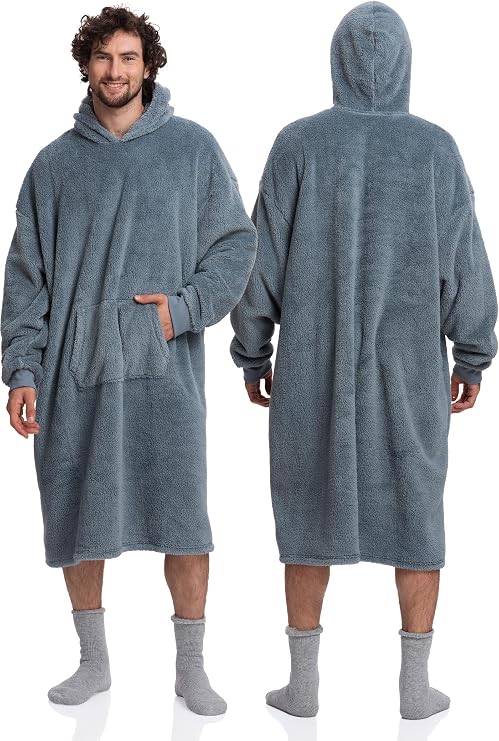 Mad Dog Men's Sherpa Fleece Wearable Blanket Hoodie - Cozy Long Sleeves Hooded Poncho Jacket For Adults, One Size