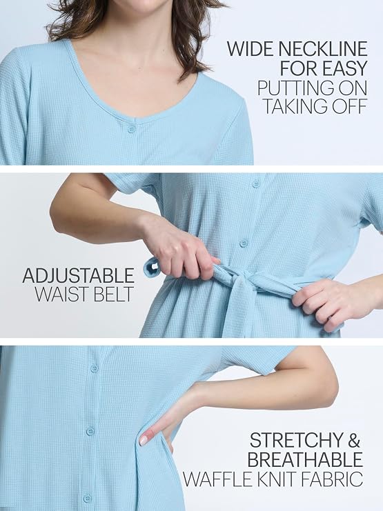 Mad Dog Women's Night Shirts - Soft Waffle Knit Womens Sleep Shirts, Short Sleeves Button-Up Pajamas Nightgowns Sleep Dress