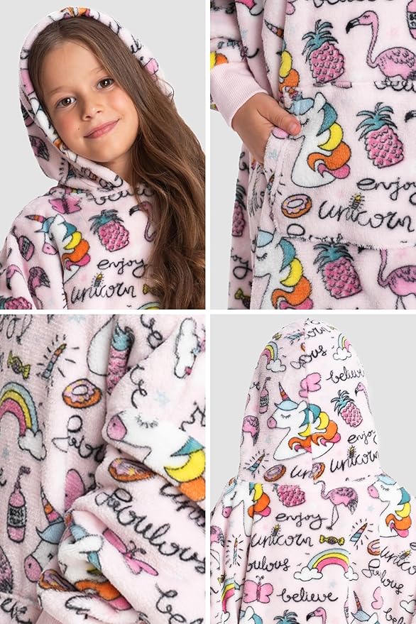 Mad Dog Kids Unicorn Wearable Blanket Hoodie – Oversized Fleece Lounge Pullover