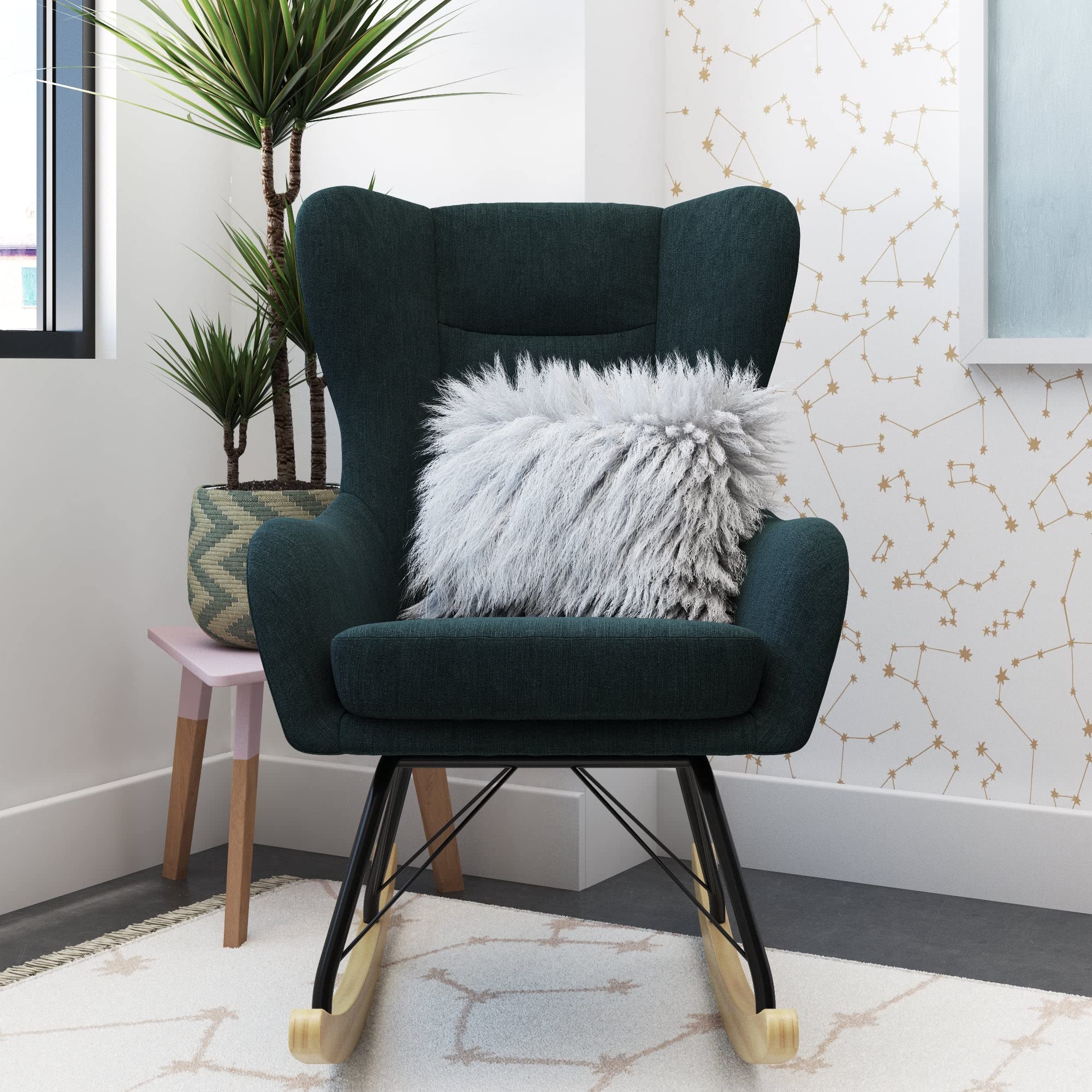Novogratz Harper Wingback Rocker, Blue Linen