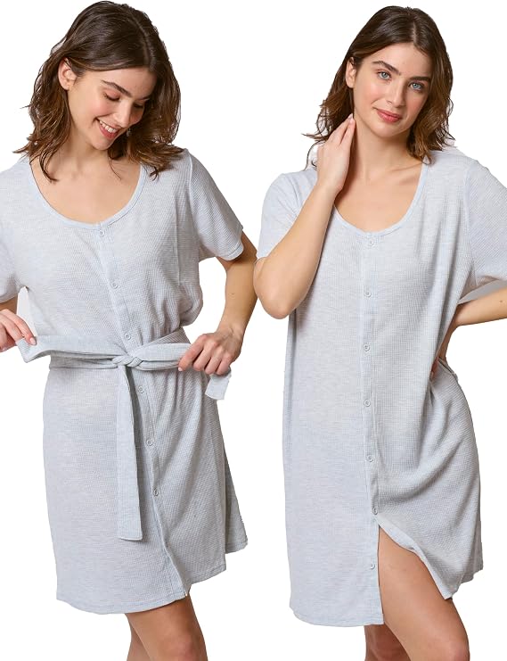Mad Dog Women's Night Shirts - Soft Waffle Knit Womens Sleep Shirts, Short Sleeves Button-Up Pajamas Nightgowns Sleep Dress