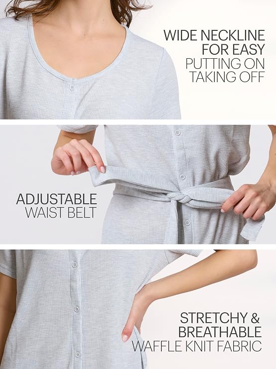 Mad Dog Women's Night Shirts - Soft Waffle Knit Womens Sleep Shirts, Short Sleeves Button-Up Pajamas Nightgowns Sleep Dress