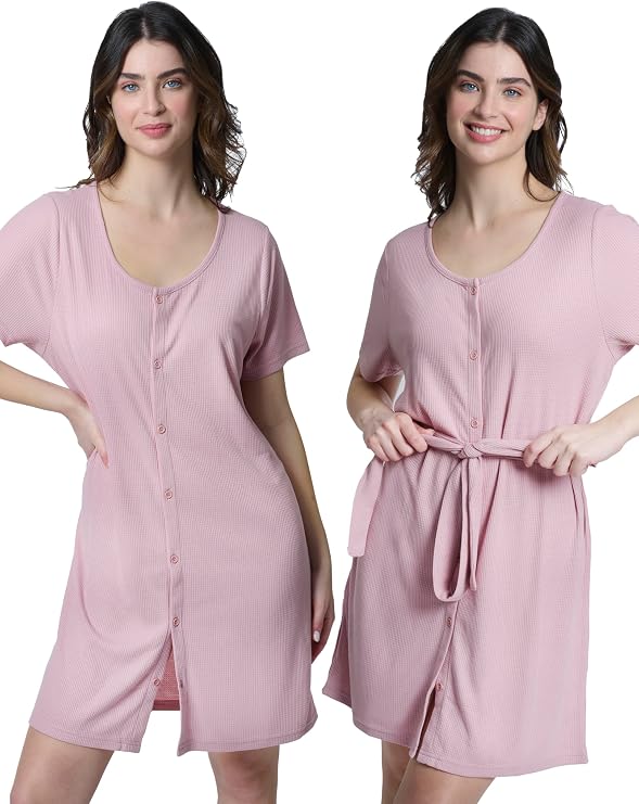 Mad Dog Women's Night Shirts - Soft Waffle Knit Womens Sleep Shirts, Short Sleeves Button-Up Pajamas Nightgowns Sleep Dress