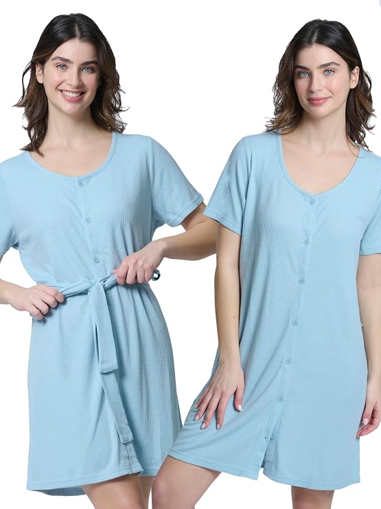 Mad Dog Women's Night Shirts - Soft Waffle Knit Womens Sleep Shirts, Short Sleeves Button-Up Pajamas Nightgowns Sleep Dress
