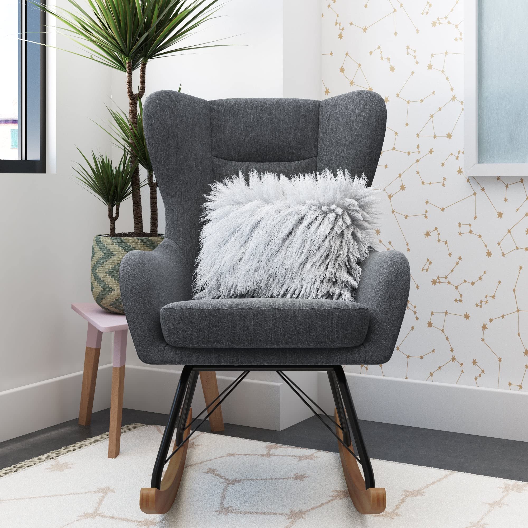 Novogratz Harper Wingback Rocker, Gray Linen